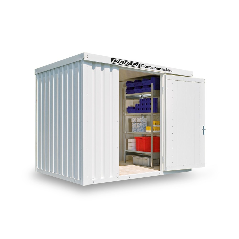 Produktabbildung: FLADAFI® Materialcontainer, isoliert, 6 m², mit Holzfussboden, HxBxT 2.405 x 3.050 x 2170 mm, Doppelflügeltür (asymmetrische Teilung), mittig in Breitseite