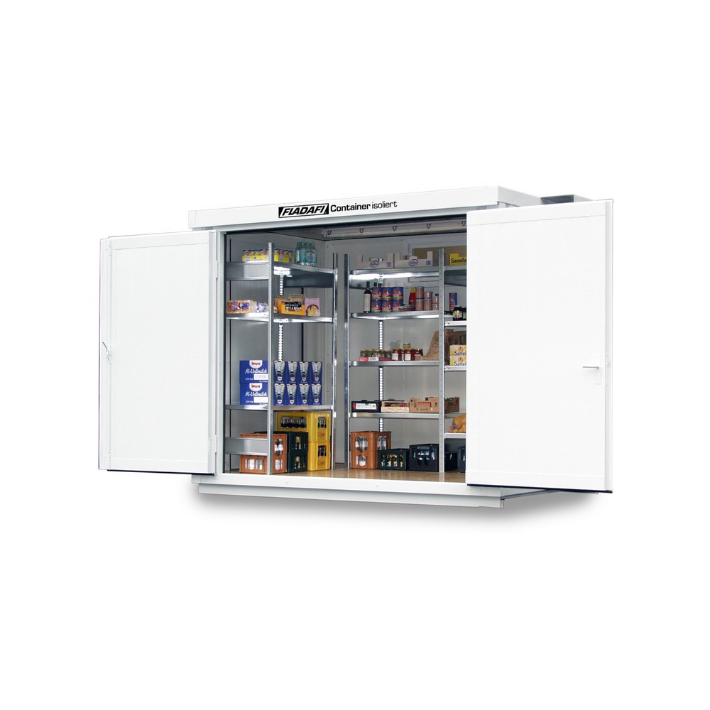 Produktabbildung: FLADAFI® Materialcontainer, isoliert, 6 m², mit isoliertem Boden, HxBxT 2.500 x 3.050 x 2170 mm, Doppelflügeltür (asymmetrische Teilung), mittig in Breitseite, Zusatztür