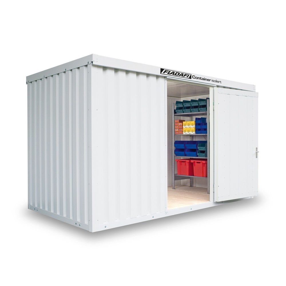Produktabbildung: FLADAFI® Materialcontainer, isoliert, 8 m², mit Holzfussboden, HxBxT 2.405 x 4.050 x 2170 mm, Doppelflügeltür (asymmetrische Teilung), mittig in Breitseite