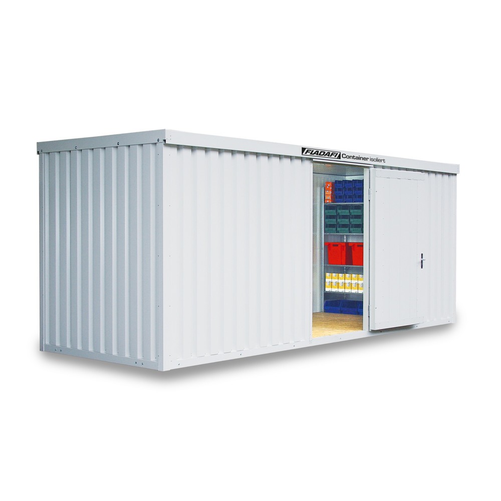 Produktabbildung: FLADAFI® Materialcontainer, isoliert, 12 m², mit Holzfussboden, HxBxT 2.405 x 6.080 x 2.170 mm, Doppelflügeltür (asymmetrische Teilung), mittig in Stirnseite