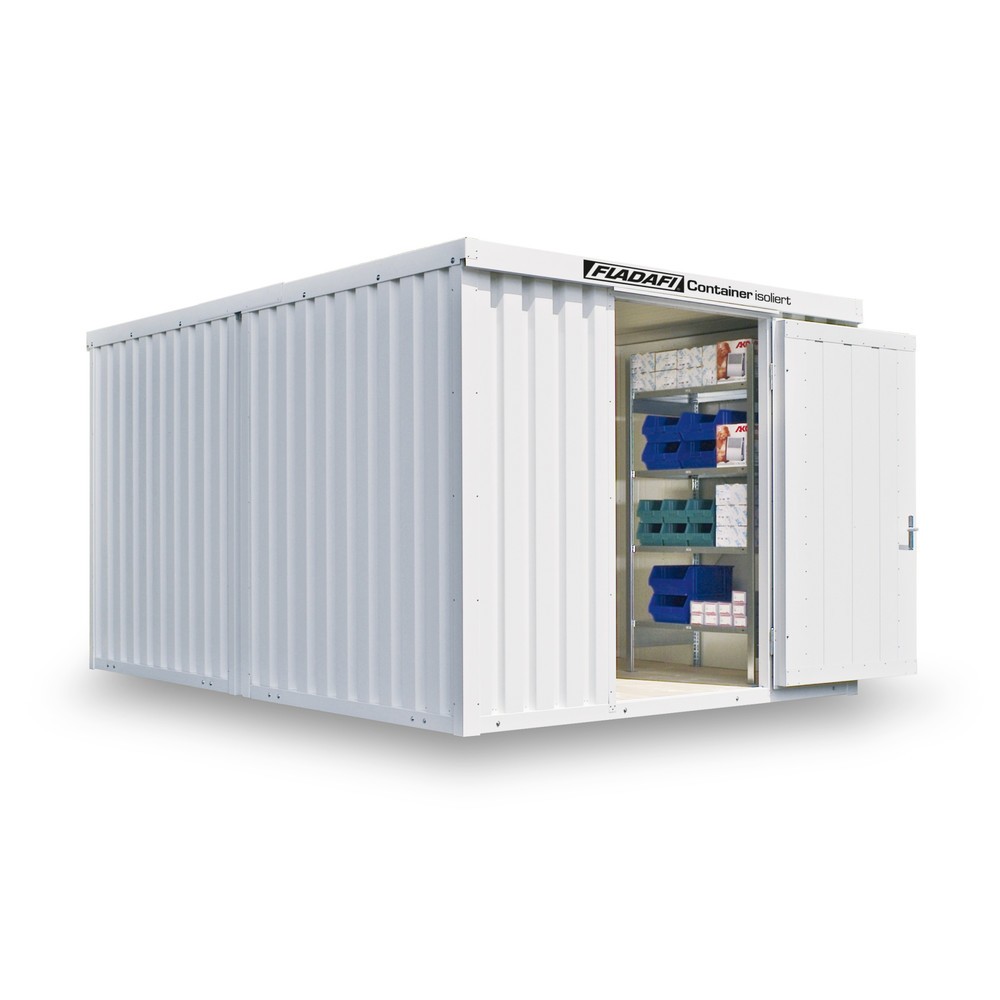Produktabbildung: FLADAFI® Materialcontainer-Kombination, isoliert, 12 m², mit Holzfussboden, HxBxT 2.405 x 3.050 x 4.340 mm, Doppelflügeltür (asymmetrische Teilung), mittig in Stirnseite