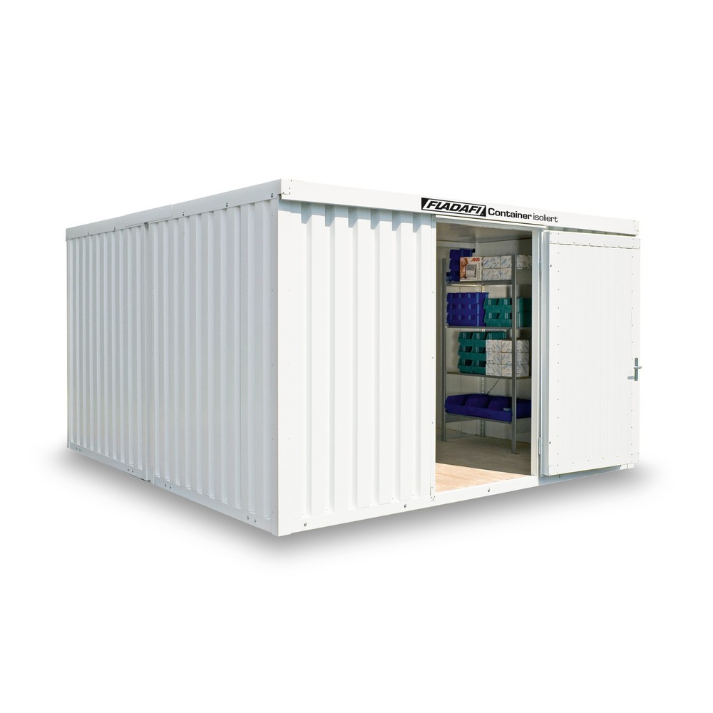 Produktabbildung: FLADAFI® Materialcontainer-Kombination, isoliert, 18 m², mit Holzfussboden, HxBxT 2.405 x 3.050 x 6.520 mm, Doppelflügeltür (asymmetrische Teilung), mittig im Modul