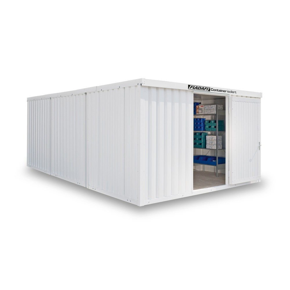 Produktabbildung: FLADAFI® Materialcontainer-Kombination, isoliert, 25 m², mit Holzfussboden, HxBxT 2.405 x 4.050 x 6.520 mm, Doppelflügeltür (asymmetrische Teilung), mittig in Stirnseite