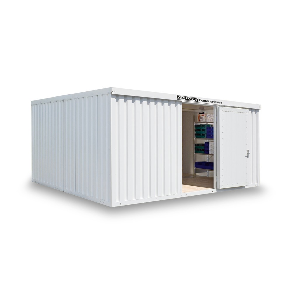 Produktabbildung: FLADAFI® Materialcontainer-Kombination, isoliert, 30 m², mit Holzfussboden, HxBxT 2.405 x 5.080 x 6.520 mm, Doppelflügeltür (asymmetrische Teilung), mittig im Modul