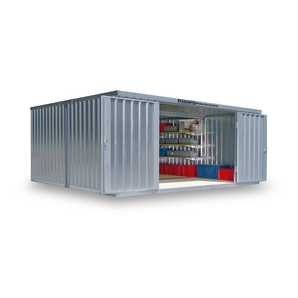 Produktabbildung: FLADAFI® Materialcontainer-Kombination, zerlegt, 21 m², ohne Boden, HxBxT 2.115 x 5.080 x 4.340 mm, Doppelflügeltür (asymmetrische Teilung), mittig in Breitseite, Zusatztür