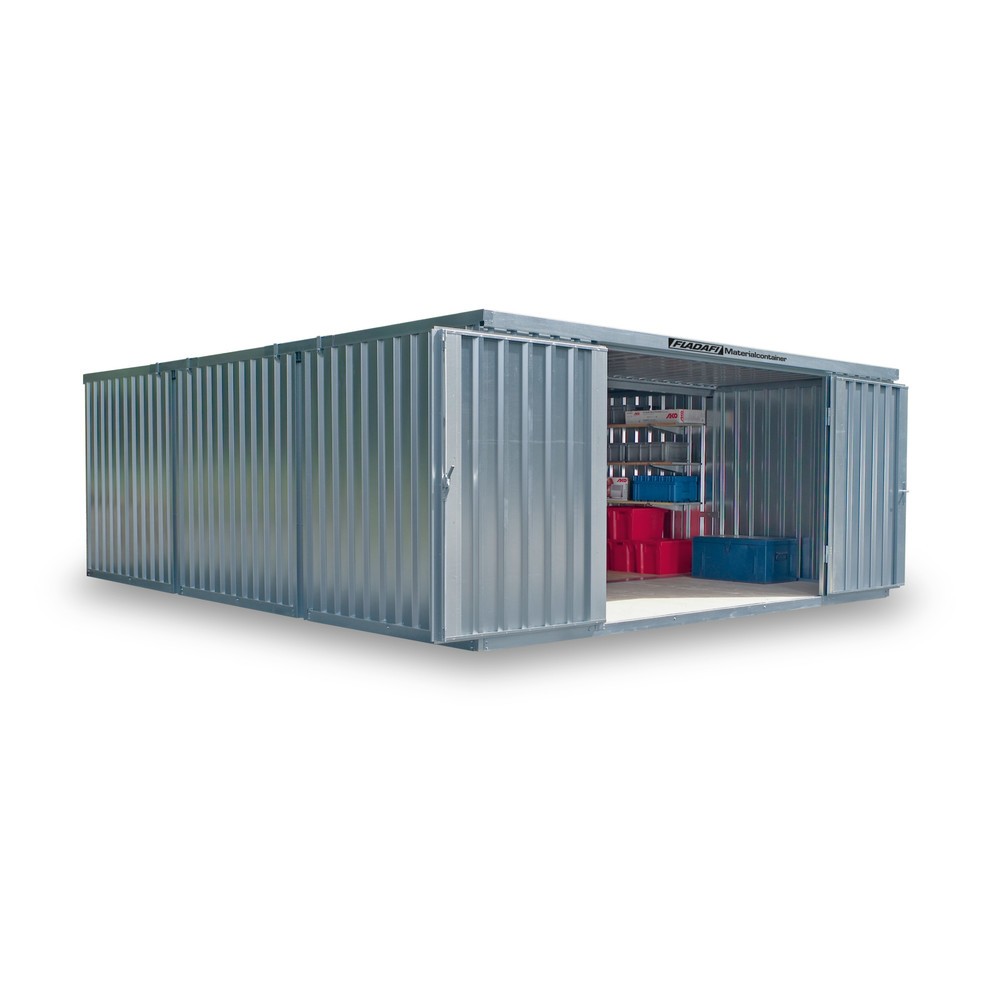 Produktabbildung: FLADAFI® Materialcontainer-Kombination, zerlegt, 32 m², mit Holzfussboden, HxBxT 2.150 x 5.080 x 6.520 mm, Doppelflügeltür, mittig in Stirnseite