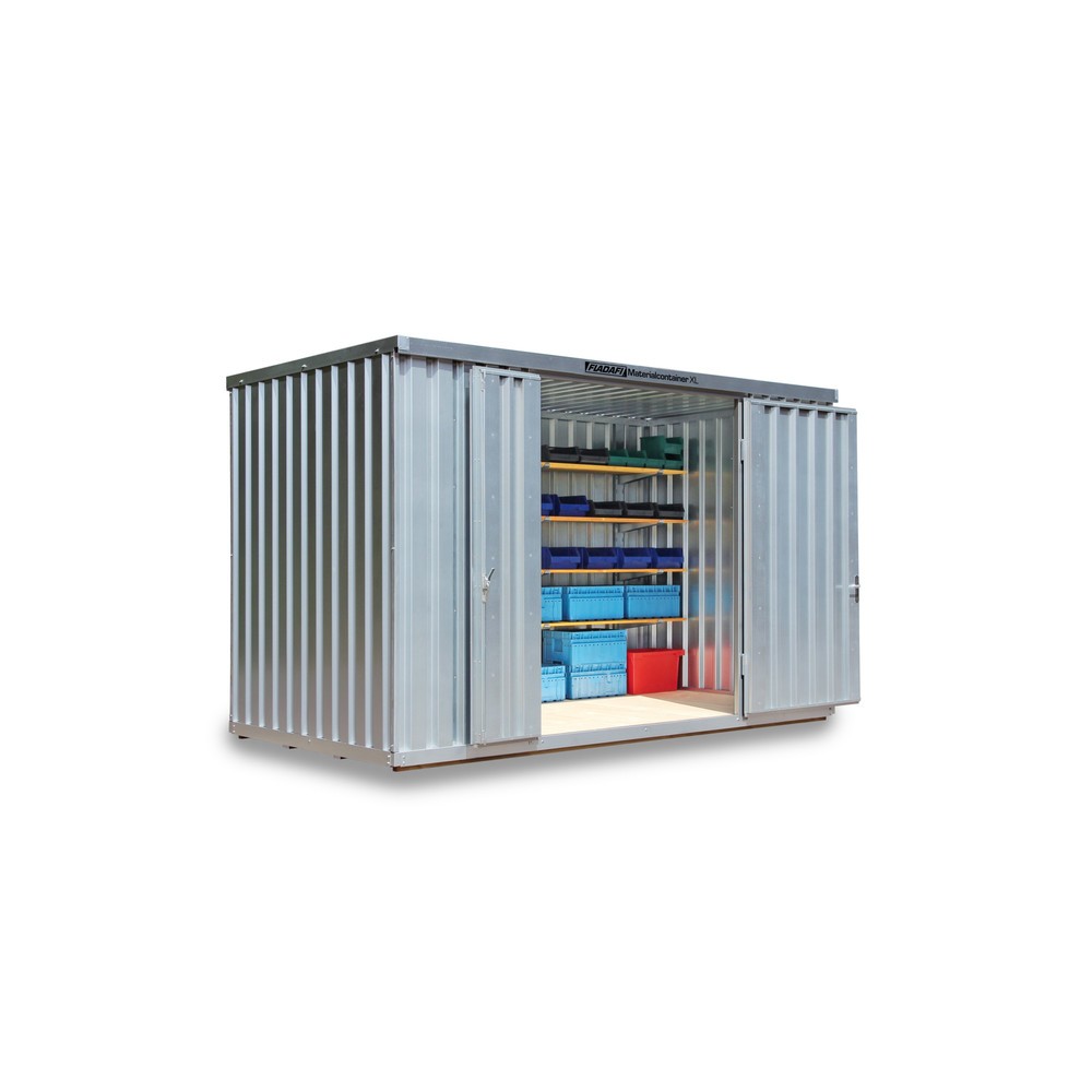 Produktabbildung: FLADAFI® Materialcontainer, verzinkt, montiert, XL 10 m², mit Holzfussboden, HxBxT 2.532 x 5.080 x 2.170 mm, Doppelflügeltür (asymmetrische Teilung), mittig in Breitseite