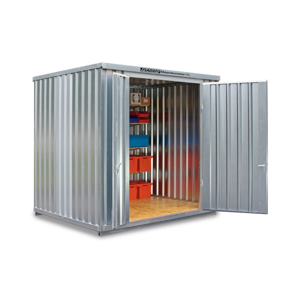 Produktabbildung: FLADAFI® Materialcontainer, verzinkt, montiert, XXL 7 m², HxBxT 2.595 x 3.020 x 2.540 mm, Doppelflügeltür (asymmetrische Teilung), mittig in Breitseite