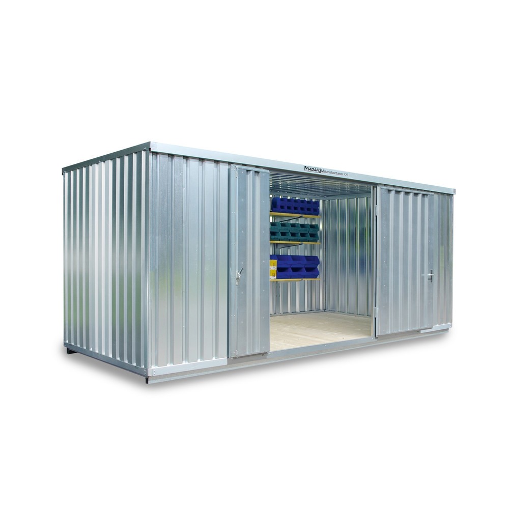 Produktabbildung: FLADAFI® Materialcontainer, verzinkt, montiert, XXL 14 m², HxBxT 2.595 x 6.020 x 2.540 mm, Doppelflügeltür (asymmetrische Teilung), mittig in Stirnseite