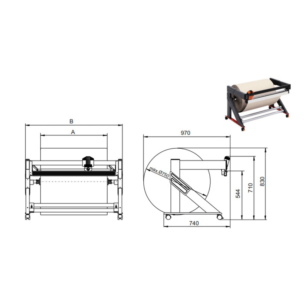 N° de l'image du produit 4 : Rocholz support de découpe sous table Stabil, version mobile, poids maximal du rouleau 200 kg, largeur de coupe 750 mm