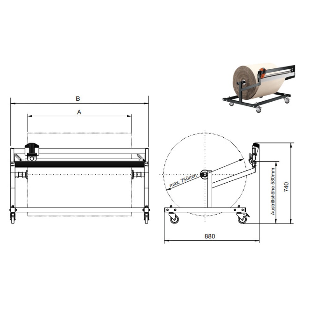 N° de l'image du produit 4 : Rocholz support de découpe sous table Standard, version mobile, poids maximal du rouleau 200 kg, largeur de coupe 750 mm