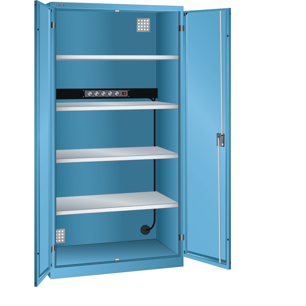 Illustration du produit: Armoire à casiers LISTA avec prises électriques, (lxPxH) 1 000x580x1 950 mm, 1 bloc multiprises sur paroi arrière, bleu clair