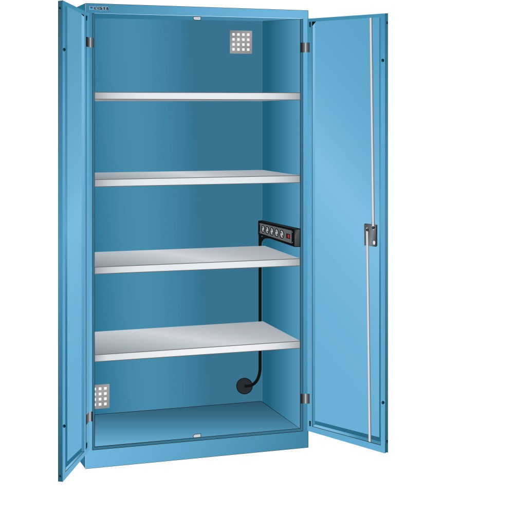 Illustration du produit: Armoire à casiers LISTA avec prises électriques, (lxPxH) 1 000x580x1 950 mm, 1 bloc multiprises sur paroi latérale, bleu clair