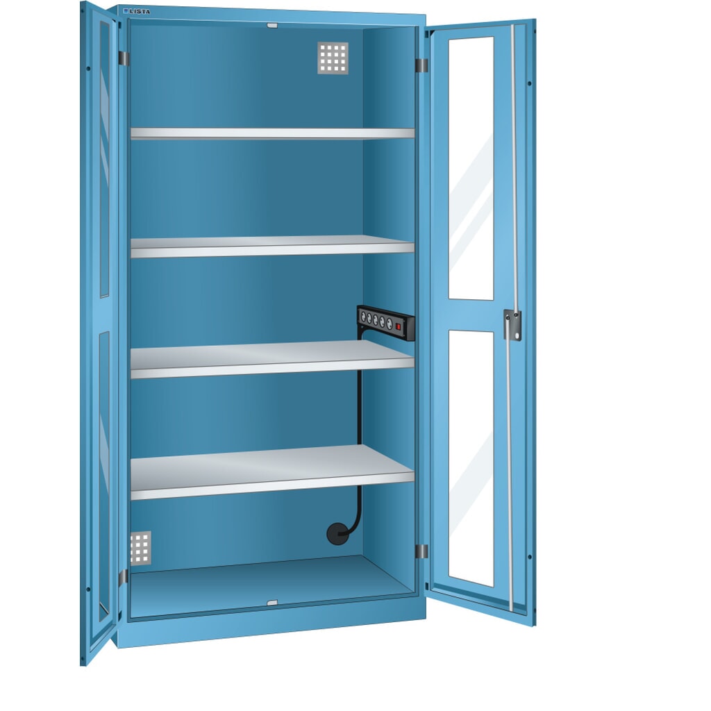 Armoire à casiers LISTA avec prises électriques, (lxPxH) 1 000x580x1 950 mm, 1 bloc multiprises sur paroi latérale, vitres transparentes, bleu clair Illustration du produit: Armoire à casiers LISTA avec prises électriques, (lxPxH) 1 000x580x1 950 mm, 1 bloc multiprises sur paroi latérale, vitres transparentes, bleu clair