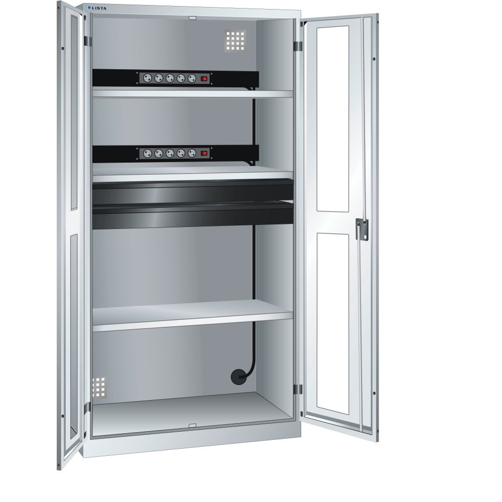Illustration du produit: Armoire à casiers LISTA avec prises électriques, (lxPxH) 1 000x580x1 950 mm, 2 blocs multiprises, 2 tiroirs, gris clair