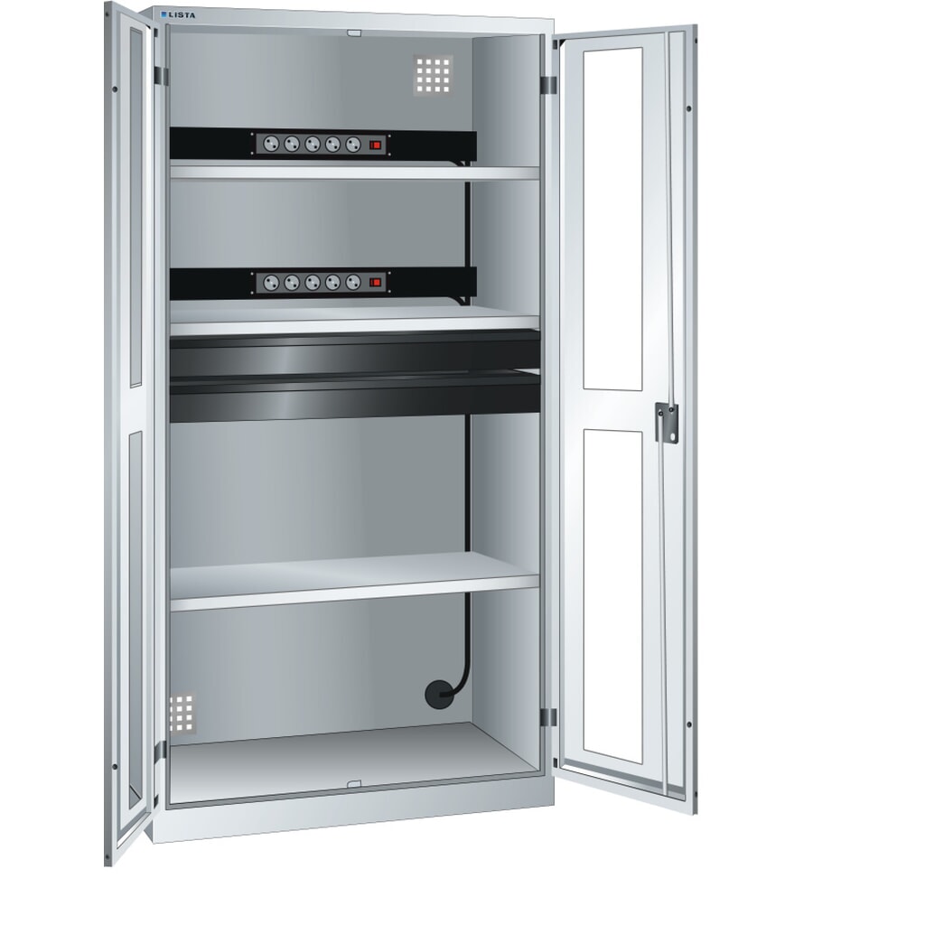 Illustration du produit: Armoire à casiers LISTA avec prises électriques, (lxPxH) 1 000x580x1 950 mm, 2 blocs multiprises, 2 tiroirs, gris clair
