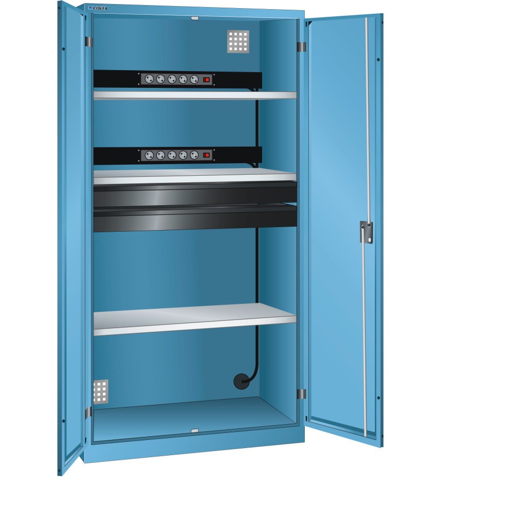 Illustration du produit: Armoire à casiers LISTA avec prises électriques, (lxPxH) 1 000x580x1 950 mm, 2 blocs multiprises sur paroi arrière, 2 tiroirs, bleu clair