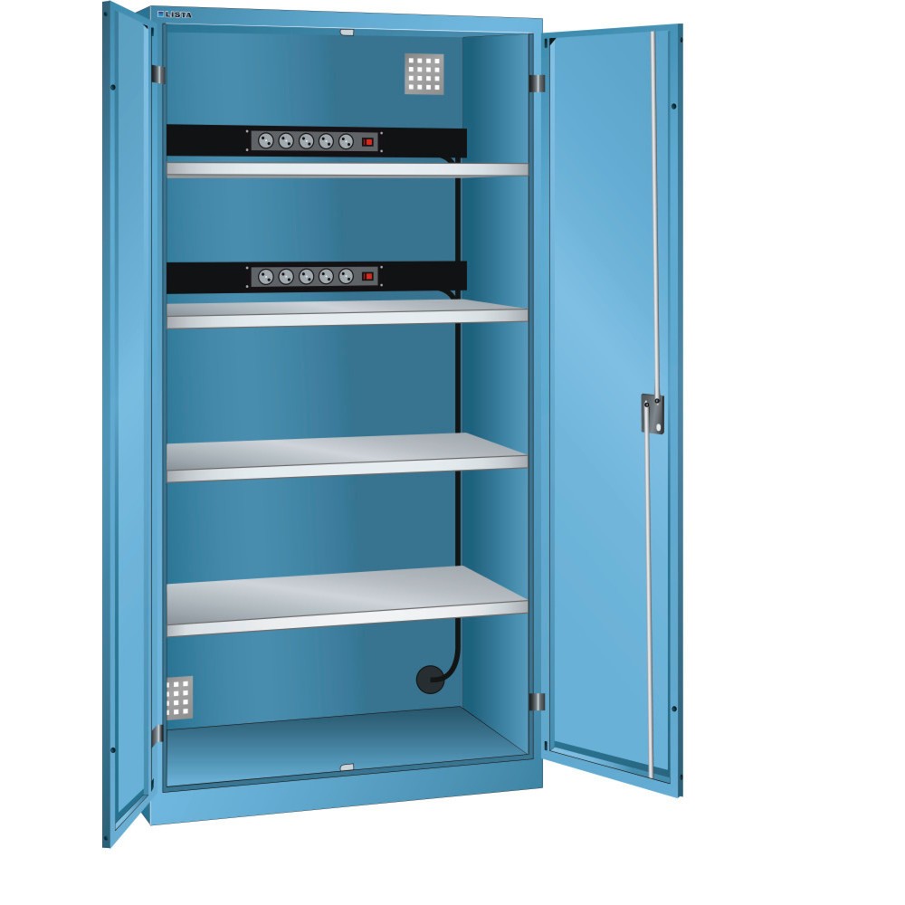 Illustration du produit: Armoire à casiers LISTA avec prises électriques, (lxPxH) 1 000x580x1 950 mm, 2 blocs multiprises sur paroi arrière, bleu clair