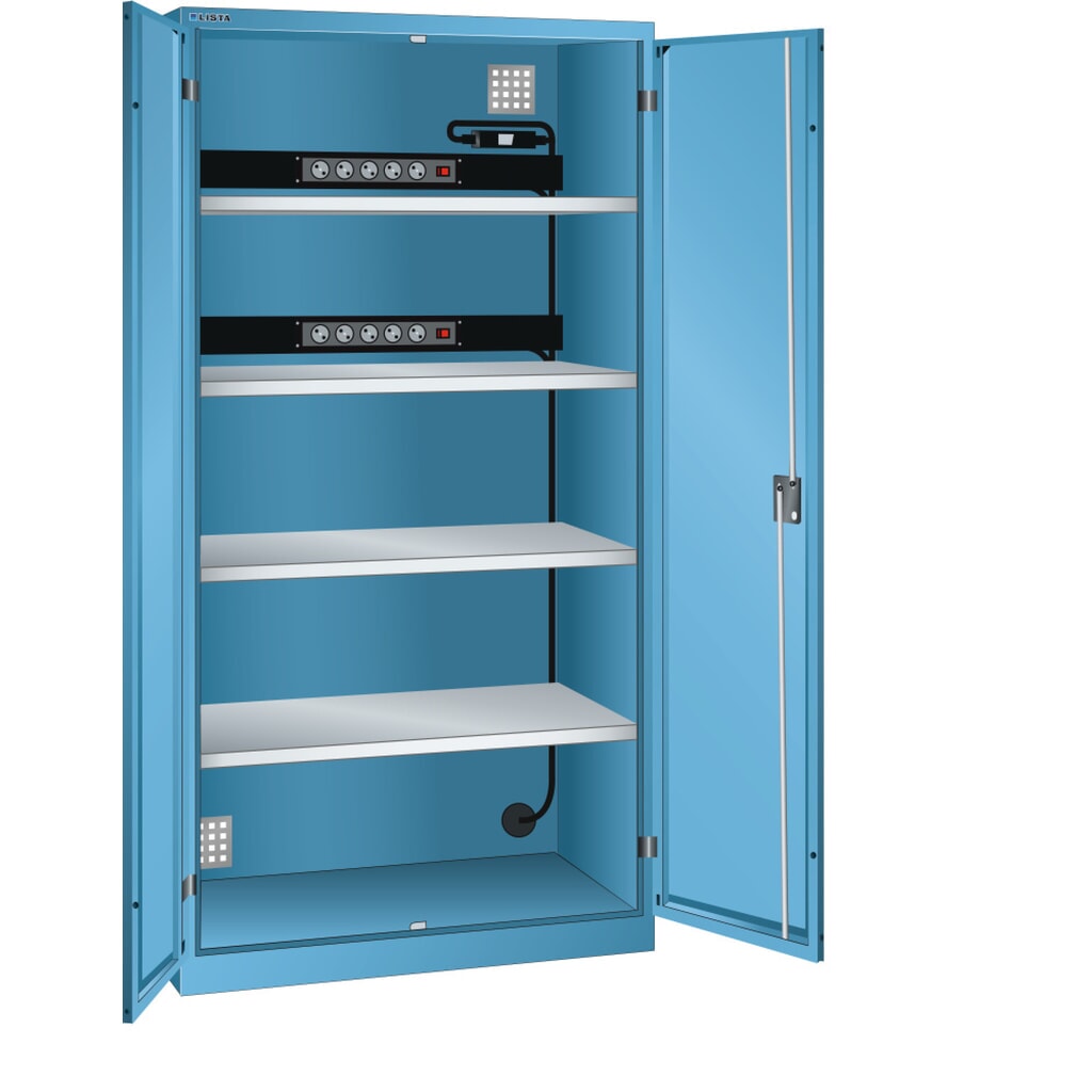 Armoire à casiers LISTA avec prises électriques, (lxPxH) 1 000x580x1 950 mm, 2 blocs multiprises sur paroi arrière, FI/LS, bleu clair Illustration du produit: Armoire à casiers LISTA avec prises électriques, (lxPxH) 1 000x580x1 950 mm, 2 blocs multiprises sur paroi arrière, FI/LS, bleu clair
