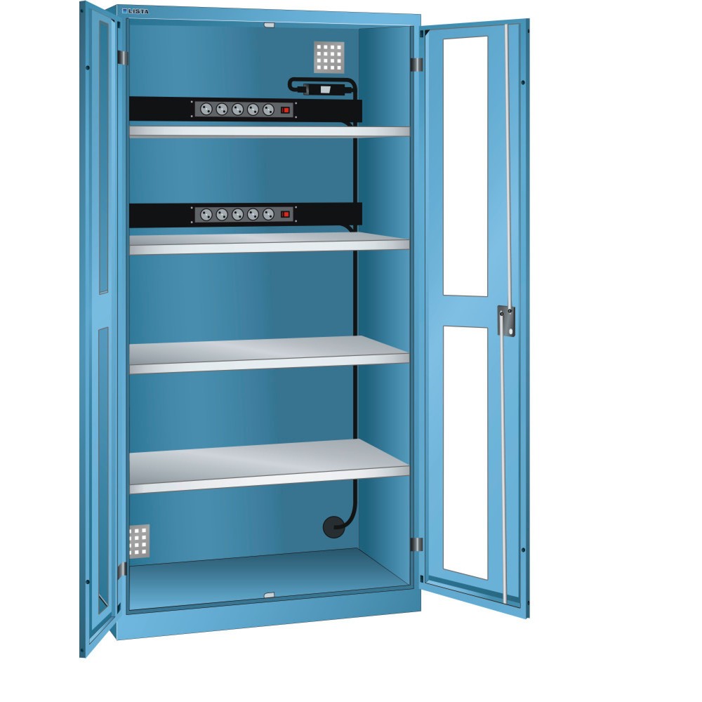 Illustration du produit: Armoire à casiers LISTA avec prises électriques, (lxPxH) 1 000x580x1 950 mm, 2 blocs multiprises sur paroi arrière, FI/LS, bleu clair