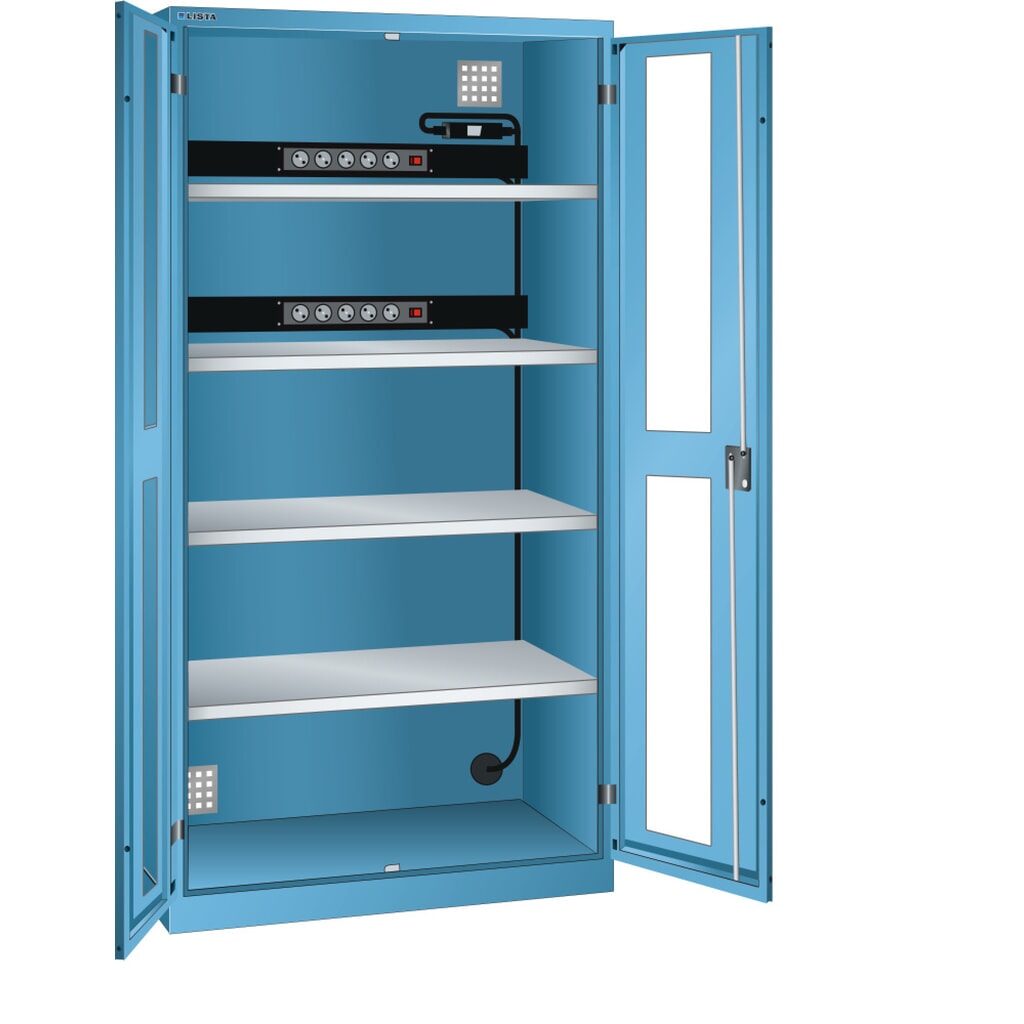 Armoire à casiers LISTA avec prises électriques, (lxPxH) 1 000x580x1 950 mm, 2 blocs multiprises sur paroi arrière, FI/LS, bleu clair Illustration du produit: Armoire à casiers LISTA avec prises électriques, (lxPxH) 1 000x580x1 950 mm, 2 blocs multiprises sur paroi arrière, FI/LS, bleu clair