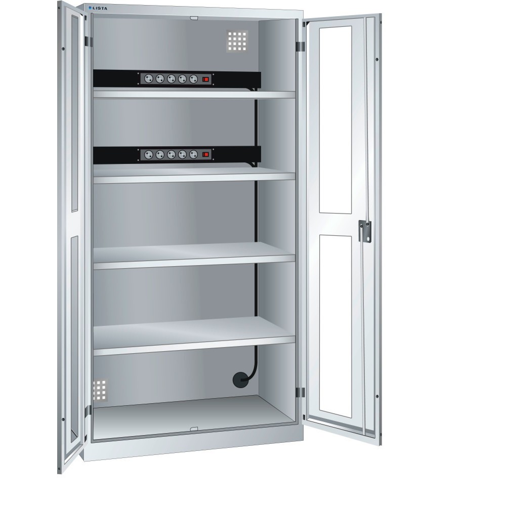 Illustration du produit: Armoire à casiers LISTA avec prises électriques, (lxPxH) 1 000x580x1 950 mm, 2 blocs multiprises sur paroi arrière, vitres transparentes, gris clair