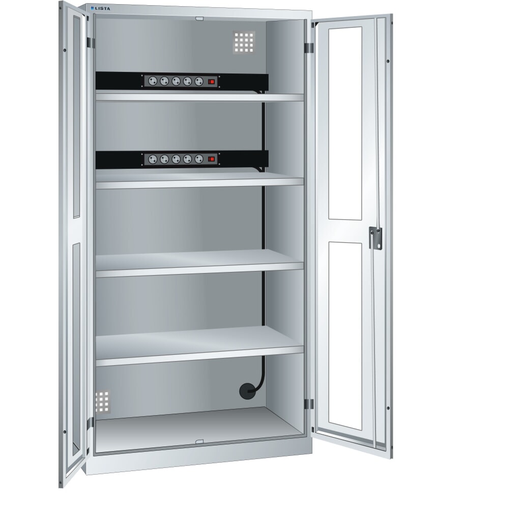 Armoire à casiers LISTA avec prises électriques, (lxPxH) 1 000x580x1 950 mm, 2 blocs multiprises sur paroi arrière, vitres transparentes, gris clair Illustration du produit: Armoire à casiers LISTA avec prises électriques, (lxPxH) 1 000x580x1 950 mm, 2 blocs multiprises sur paroi arrière, vitres transparentes, gris clair