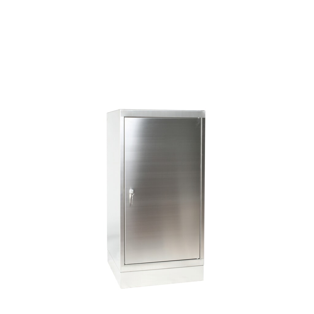 Armoire à outils en acier inoxydable, à 1 battant, HxlxP 1.050 x 500 x 500 mm, avec socle, avec 1 tablette fixe Illustration du produit: Armoire à outils en acier inoxydable, à 1 battant, HxlxP 1.050 x 500 x 500 mm, avec socle, avec 1 tablette fixe