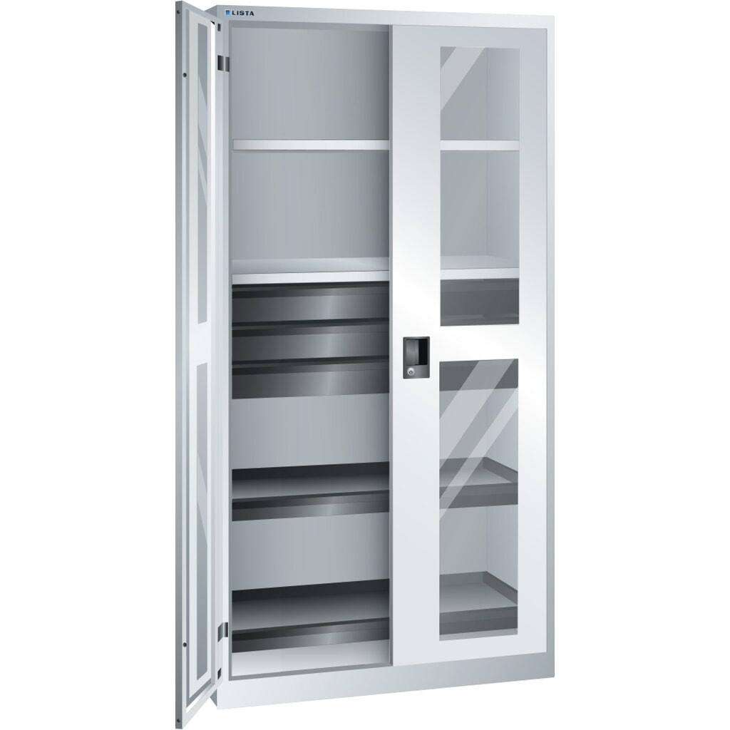 Armoire à outils LISTA, (lxPxH) 1 000x580x1 950 mm, 2 étagères coulissantes, 3 tiroirs, gris clair, KEY Lock Illustration du produit: Armoire à outils LISTA, (lxPxH) 1 000x580x1 950 mm, 2 étagères coulissantes, 3 tiroirs, gris clair, KEY Lock