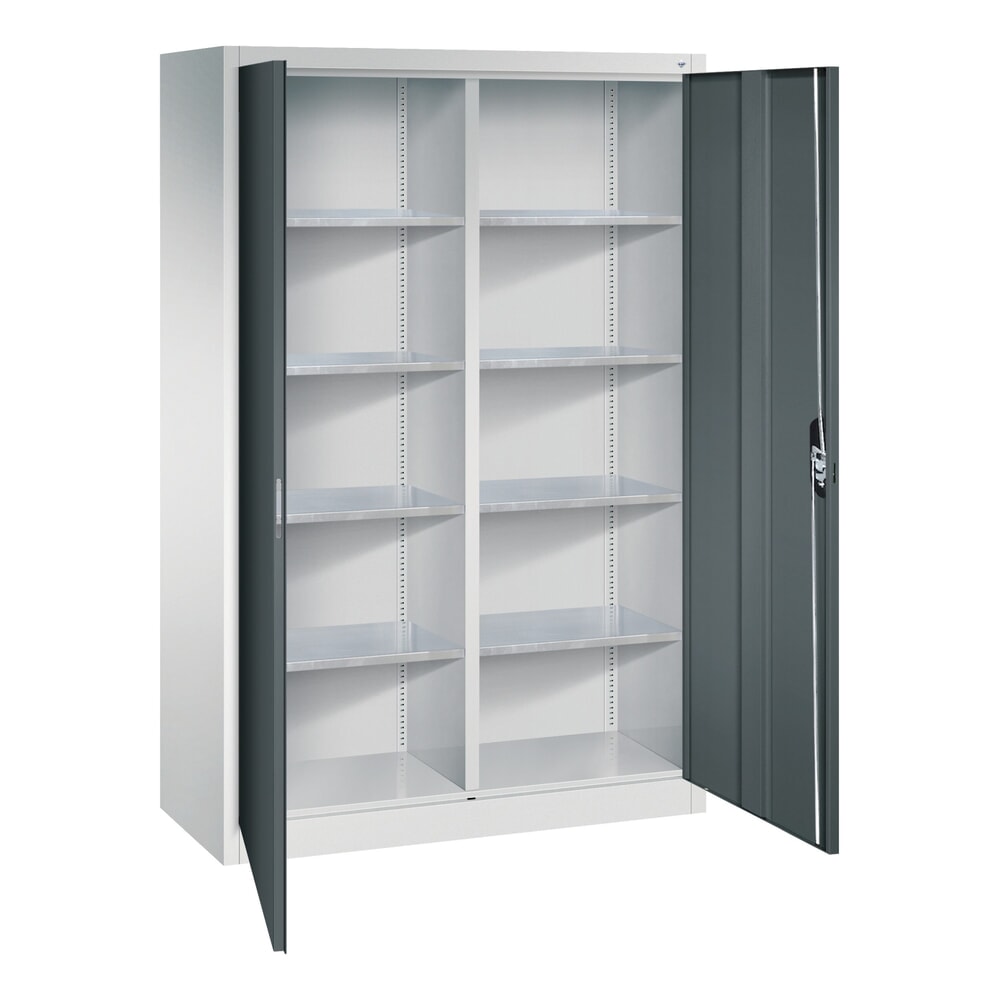 N° de l'image du produit 4 : Armoire à portes battantes d’atelier C+P avec paroi centrale + 8 tablettes, H x l x P 1 950 x 1 200 x 500 mm, gris clair, gris anthracite
