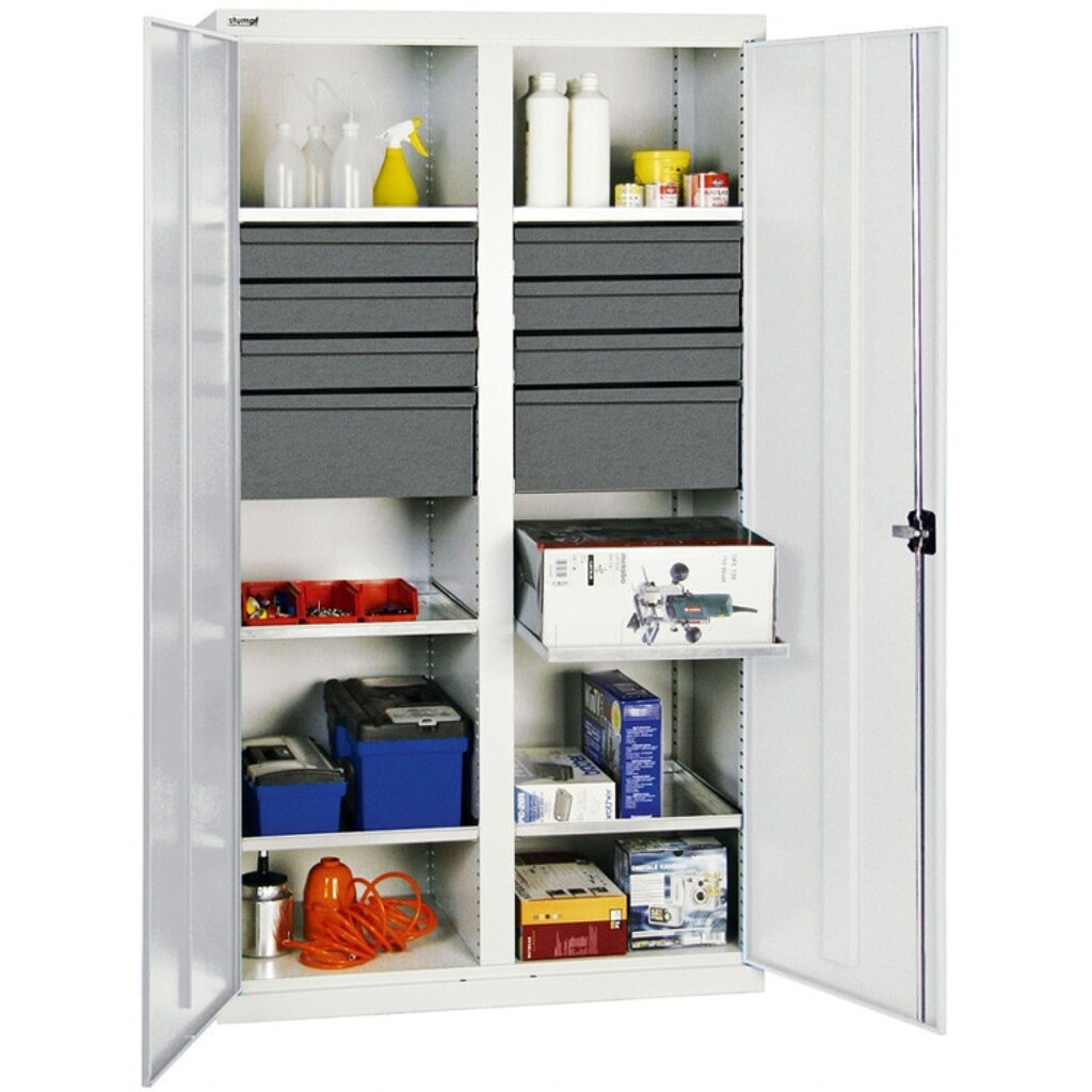 Armoire à portes battantes d’atelier stumpf® avec 14 tiroirs + 4 bacs + cloison de séparation, H x l x P 1 800 x 1 000 x 500 mm, gris clair Illustration du produit: Armoire à portes battantes d’atelier stumpf® avec 14 tiroirs + 4 bacs + cloison de séparation, H x l x P 1 800 x 1 000 x 500 mm, gris clair