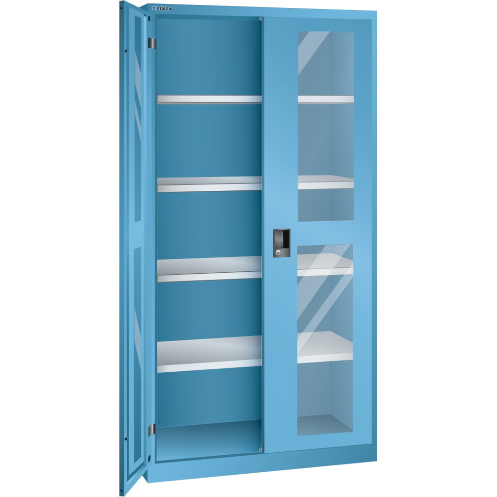 Armoire à portes battantes LISTA avec vitres transparentes, (lxPxH) 1 000x400x1 950 mm, 4 étagères réglables, bleu clair, KEY Lock Illustration du produit: Armoire à portes battantes LISTA avec vitres transparentes, (lxPxH) 1 000x400x1 950 mm, 4 étagères réglables, bleu clair, KEY Lock