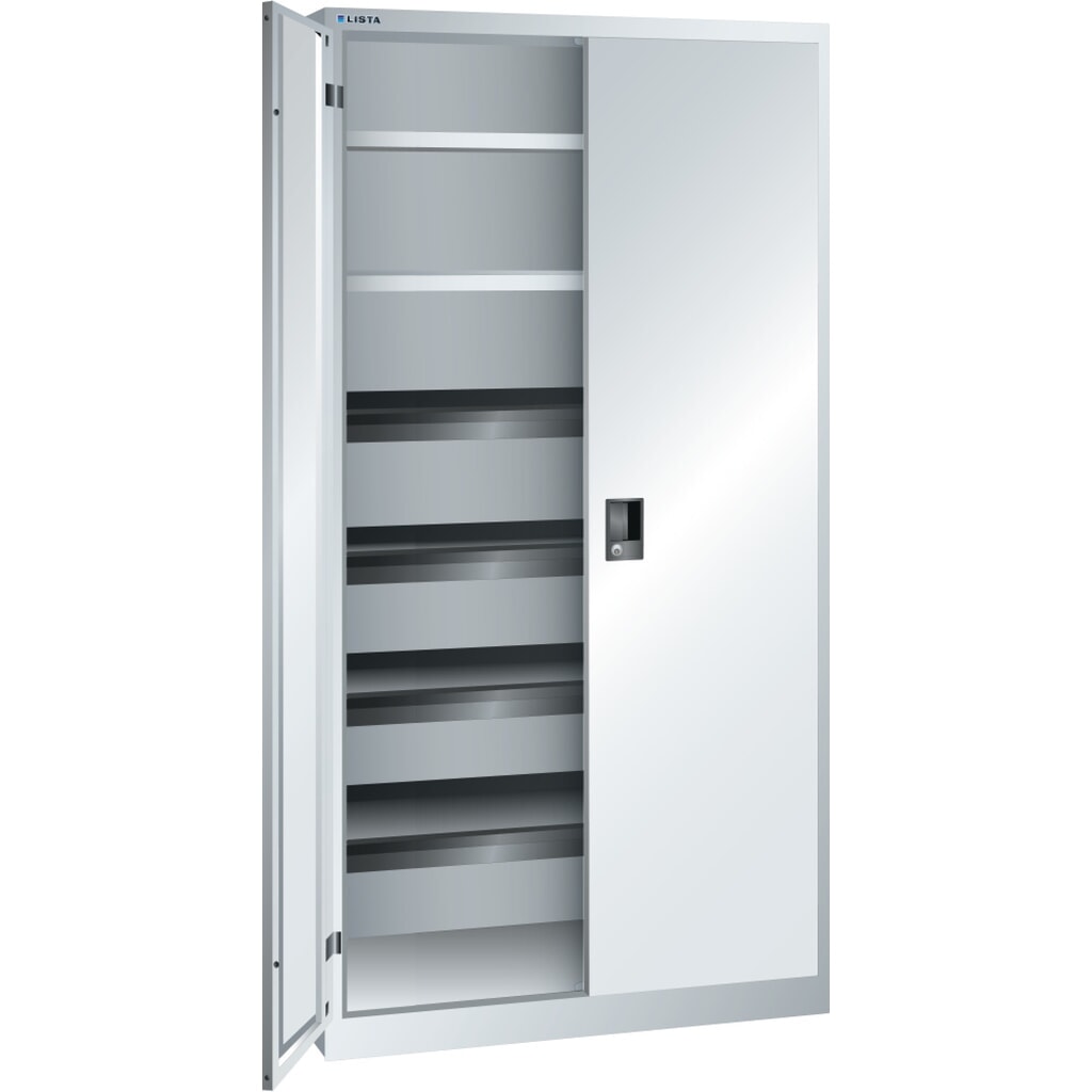 Illustration du produit: Armoire à portes battantes LISTA, (lxPxH) 1 000x580x1 950 mm, 4 étagères coulissantes, 2 étagères réglables, gris clair, KEY Lock