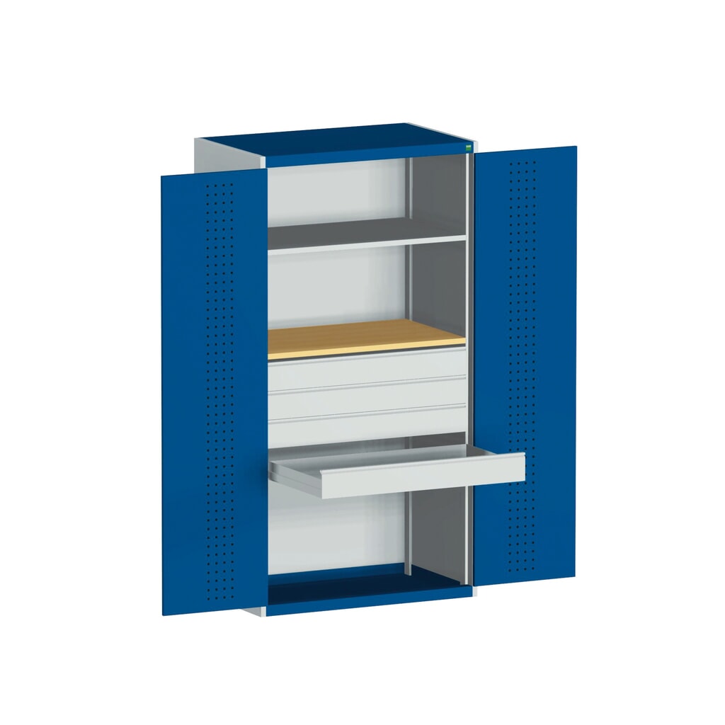 N° de l'image du produit 3 : Armoire à portes battantes système bott cubio avec 1 tablette, 4 tiroirs, 1 plaque intercalaire, HxlxP 2000 x 1050 x 650 mm, bleu gentiane