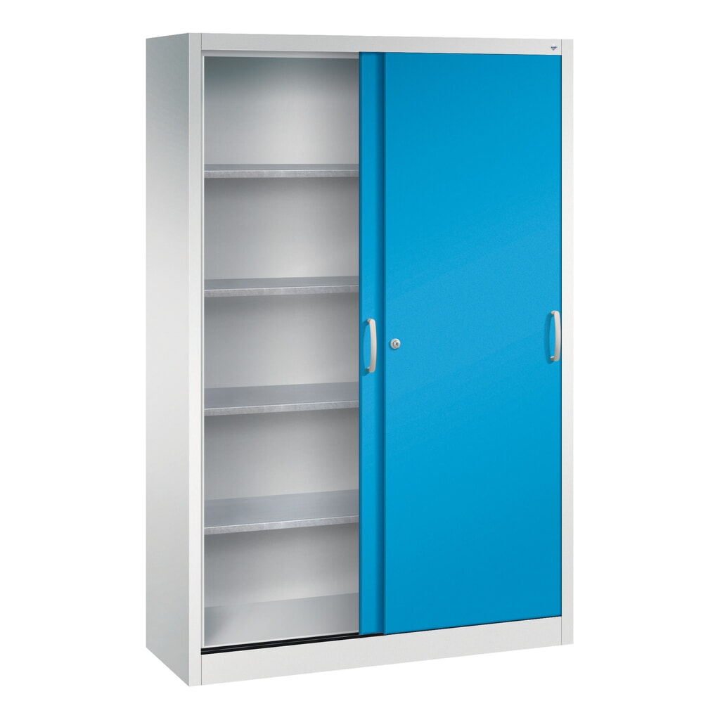 N° de l'image du produit 3 : Armoire à portes coulissantes d’atelier C+P avec 4 tablettes, H x l x P 1 950 x 1 200 x 400 mm, gris clair, bleu clair