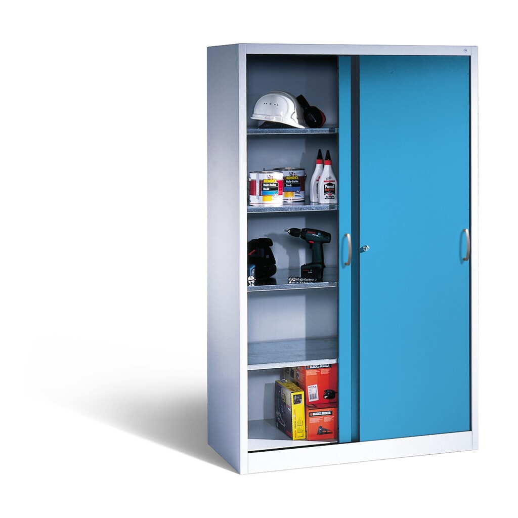 Armoire à portes coulissantes d’atelier C+P avec 4 tablettes, H x l x P 1 950 x 1 200 x 400 mm, gris clair, bleu clair N° de l'image du produit 4 : Armoire à portes coulissantes d’atelier C+P avec 4 tablettes, H x l x P 1 950 x 1 200 x 400 mm, gris clair, bleu clair