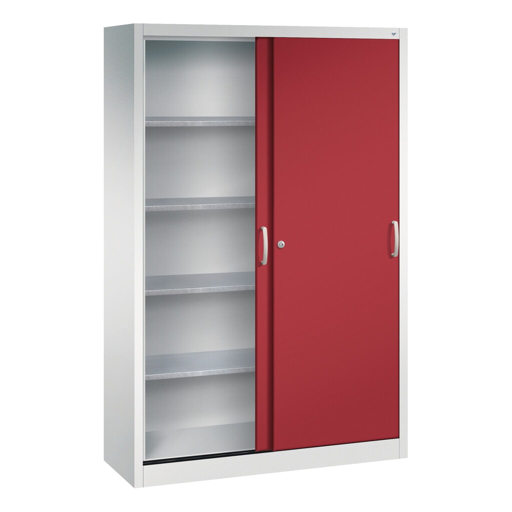 Armoire à portes coulissantes d’atelier C+P avec 4 tablettes, H x l x P 1 950 x 1 200 x 400 mm, gris clair, rouge rubis N° de l'image du produit 3 : Armoire à portes coulissantes d’atelier C+P avec 4 tablettes, H x l x P 1 950 x 1 200 x 400 mm, gris clair, rouge rubis