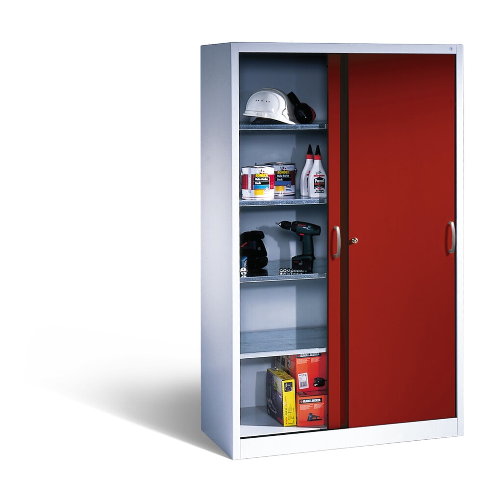 Armoire à portes coulissantes d’atelier C+P avec 4 tablettes, H x l x P 1 950 x 1 200 x 400 mm, gris clair, rouge rubis N° de l'image du produit 4 : Armoire à portes coulissantes d’atelier C+P avec 4 tablettes, H x l x P 1 950 x 1 200 x 400 mm, gris clair, rouge rubis