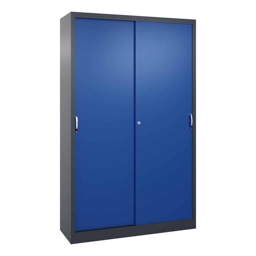Illustration du produit: Armoire à portes coulissantes d’atelier C+P avec 4 tablettes, H x l x P 1 950 x 1 200 x 400 mm, gris anthracite, bleu gentiane