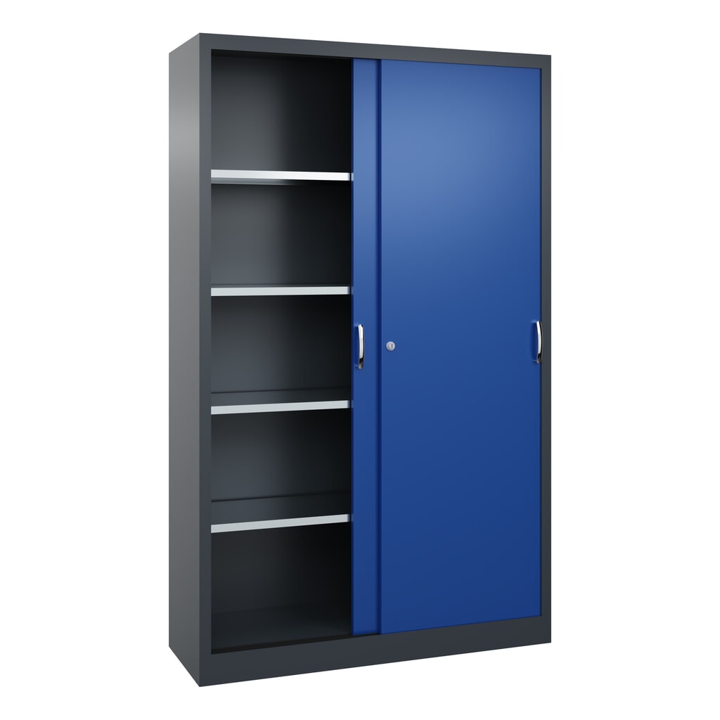 Armoire à portes coulissantes d’atelier C+P avec 4 tablettes, H x l x P 1 950 x 1 200 x 400 mm, gris anthracite, bleu gentiane N° de l'image du produit 3 : Armoire à portes coulissantes d’atelier C+P avec 4 tablettes, H x l x P 1 950 x 1 200 x 400 mm, gris anthracite, bleu gentiane
