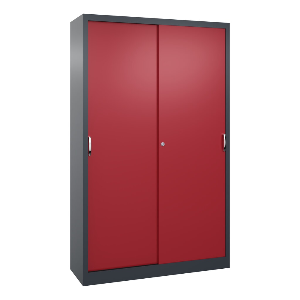 Armoire à portes coulissantes d’atelier C+P avec 4 tablettes, H x l x P 1 950 x 1 200 x 400 mm, gris anthracite, rouge rubis Illustration du produit: Armoire à portes coulissantes d’atelier C+P avec 4 tablettes, H x l x P 1 950 x 1 200 x 400 mm, gris anthracite, rouge rubis
