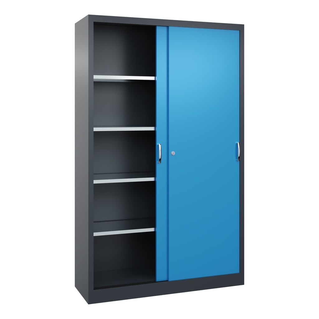 Armoire à portes coulissantes d’atelier C+P avec 4 tablettes, H x l x P 1 950 x 1 200 x 400 mm, gris anthracite, bleu clair N° de l'image du produit 3 : Armoire à portes coulissantes d’atelier C+P avec 4 tablettes, H x l x P 1 950 x 1 200 x 400 mm, gris anthracite, bleu clair