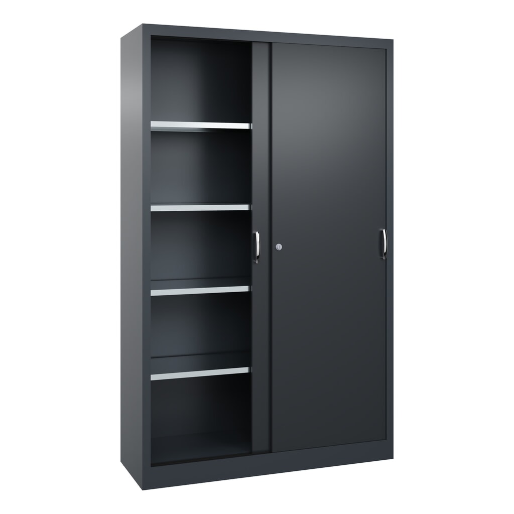 Armoire à portes coulissantes d’atelier C+P avec 4 tablettes, H x l x P 1 950 x 1 200 x 400 mm, gris anthracite, gris noir N° de l'image du produit 3 : Armoire à portes coulissantes d’atelier C+P avec 4 tablettes, H x l x P 1 950 x 1 200 x 400 mm, gris anthracite, gris noir