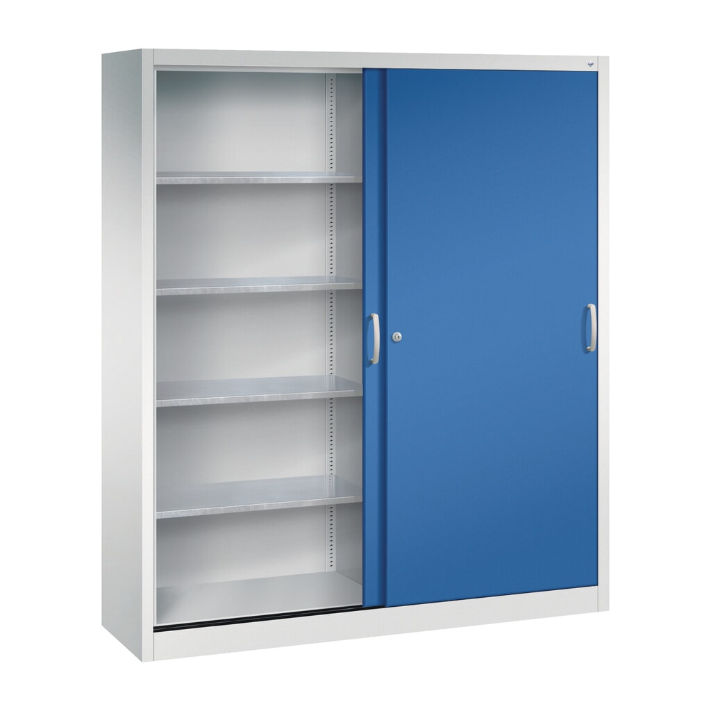 Armoire à portes coulissantes d’atelier C+P avec 8 tablettes, H x l x P 1 950 x 1 600 x 400 mm, cloison de séparation, gris clair, bleu gentiane N° de l'image du produit 3 : Armoire à portes coulissantes d’atelier C+P avec 8 tablettes, H x l x P 1 950 x 1 600 x 400 mm, cloison de séparation, gris clair, bleu gentiane
