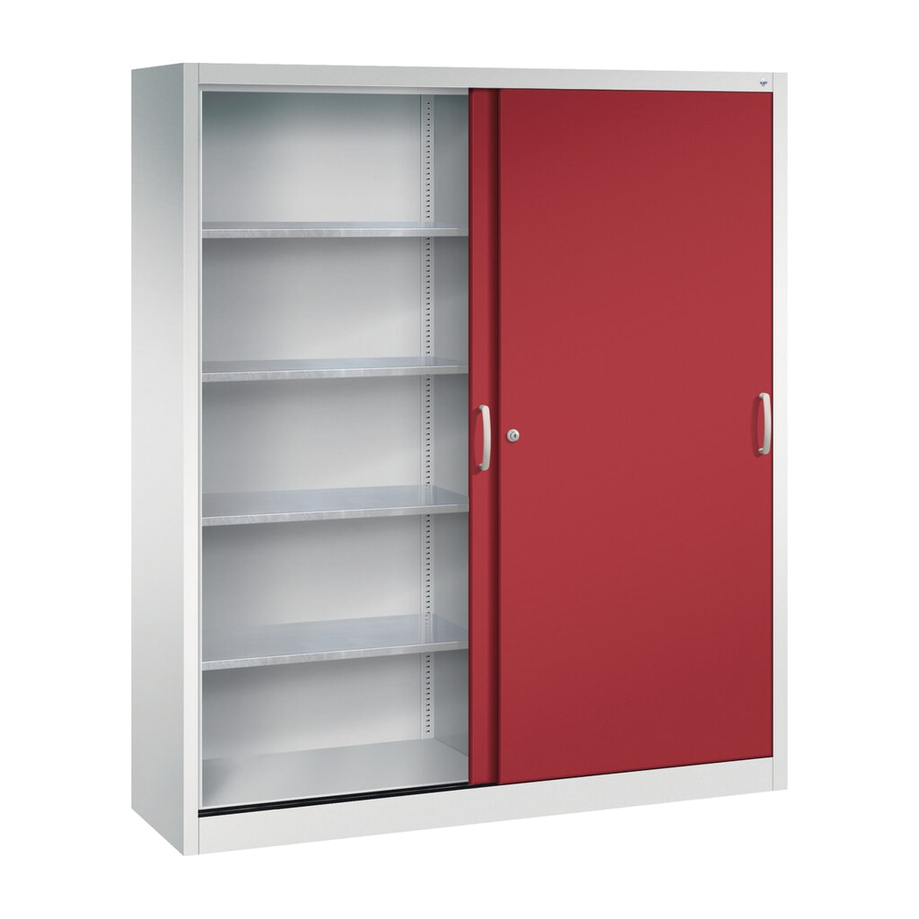 Armoire à portes coulissantes d’atelier C+P avec 8 tablettes, H x l x P 1 950 x 1 600 x 400 mm, cloison de séparation, gris clair, rouge rubis N° de l'image du produit 3 : Armoire à portes coulissantes d’atelier C+P avec 8 tablettes, H x l x P 1 950 x 1 600 x 400 mm, cloison de séparation, gris clair, rouge rubis