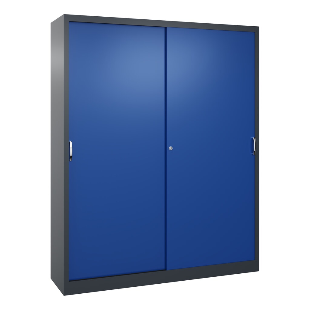 Armoire à portes coulissantes d’atelier C+P avec 8 tablettes, H x l x P 1 950 x 1 600 x 400 mm, cloison de séparation, gris anthracite, bleu gentiane Illustration du produit: Armoire à portes coulissantes d’atelier C+P avec 8 tablettes, H x l x P 1 950 x 1 600 x 400 mm, cloison de séparation, gris anthracite, bleu gentiane