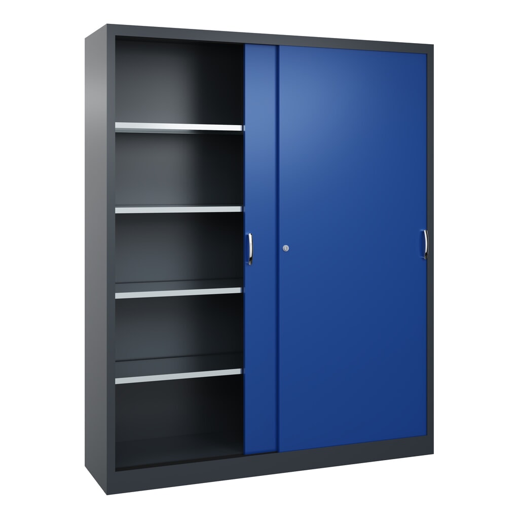 Armoire à portes coulissantes d’atelier C+P avec 8 tablettes, H x l x P 1 950 x 1 600 x 400 mm, cloison de séparation, gris anthracite, bleu gentiane N° de l'image du produit 3 : Armoire à portes coulissantes d’atelier C+P avec 8 tablettes, H x l x P 1 950 x 1 600 x 400 mm, cloison de séparation, gris anthracite, bleu gentiane