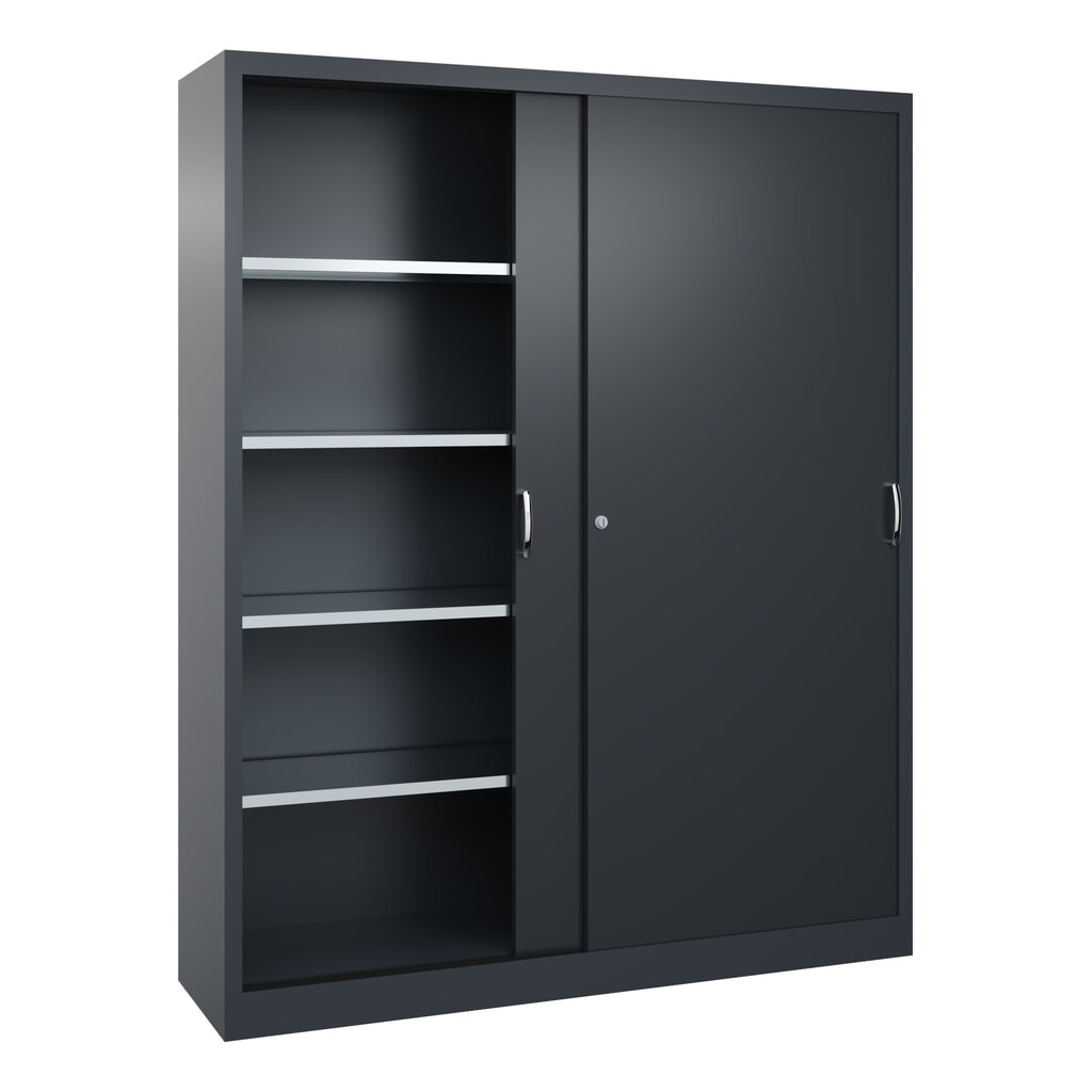 N° de l'image du produit 3 : Armoire à portes coulissantes d’atelier C+P avec 8 tablettes, H x l x P 1 950 x 1 600 x 400 mm, cloison de séparation, gris anthracite, gris noir