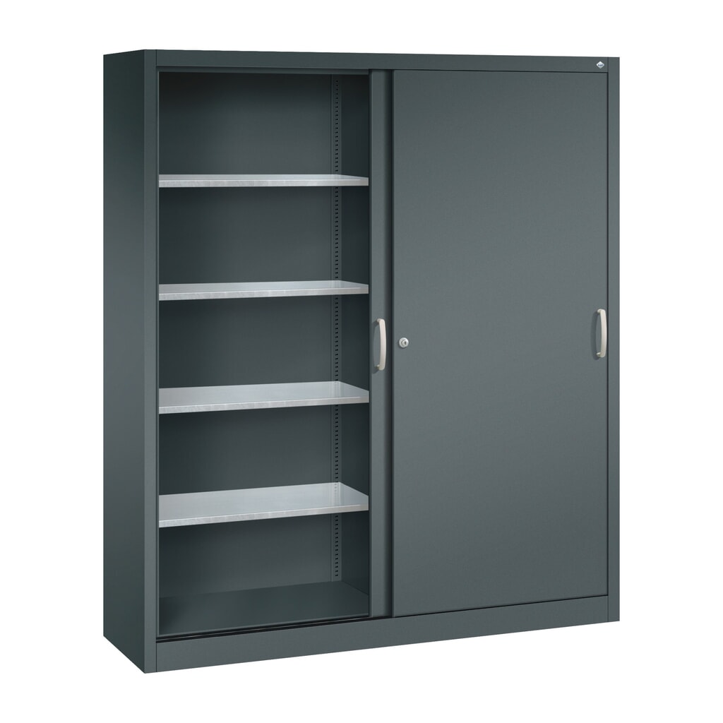 Armoire à portes coulissantes d’atelier C+P avec 8 tablettes, H x l x P 1 950 x 1 600 x 400 mm, cloison de séparation, gris anthracite, gris anthracite N° de l'image du produit 3 : Armoire à portes coulissantes d’atelier C+P avec 8 tablettes, H x l x P 1 950 x 1 600 x 400 mm, cloison de séparation, gris anthracite, gris anthracite