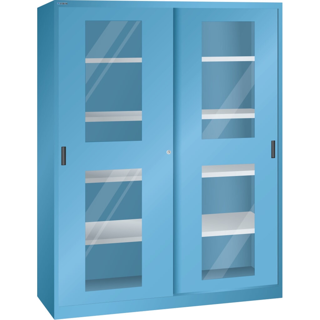 Armoire à portes coulissantes LISTA, (lxPxH) 1 500x400x1 950 mm, 8 étagères réglables, vitres transparentes, profondeur 400 mm, bleu clair Illustration du produit: Armoire à portes coulissantes LISTA, (lxPxH) 1 500x400x1 950 mm, 8 étagères réglables, vitres transparentes, profondeur 400 mm, bleu clair